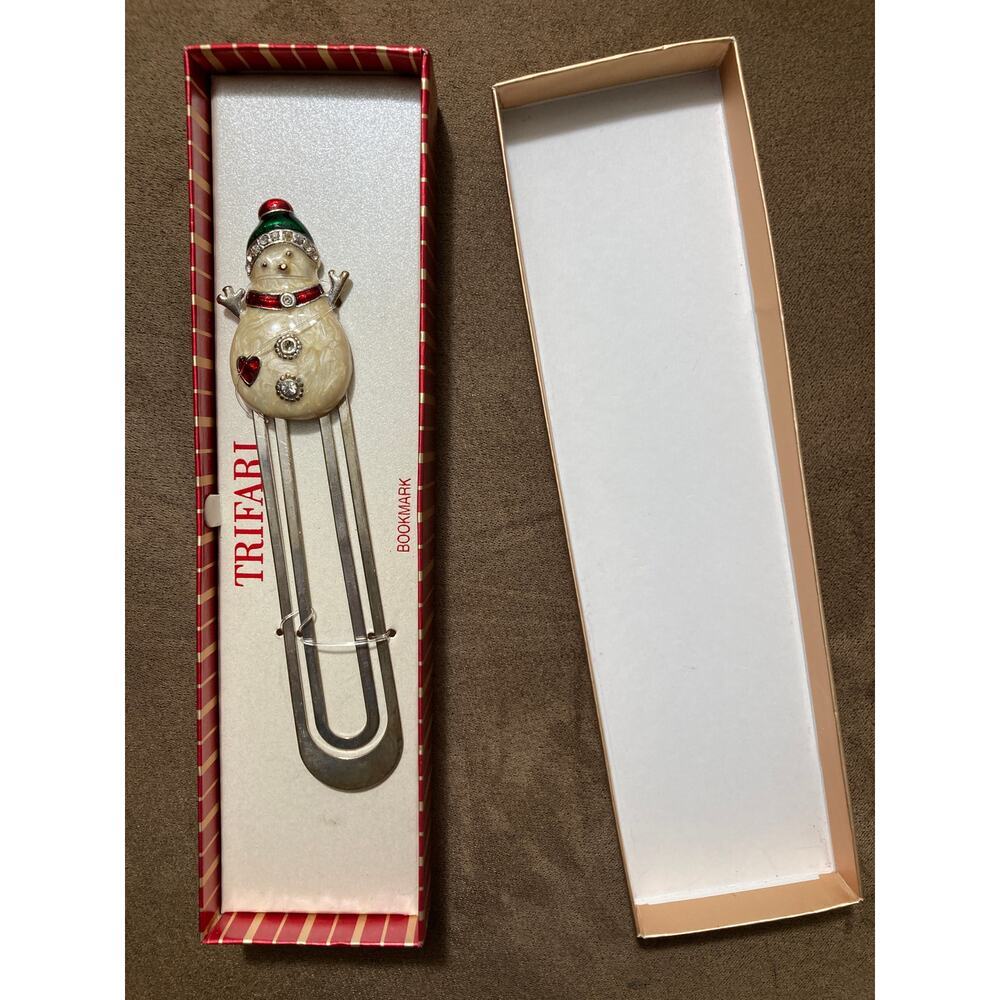 Vintage Trifari Snowman Enamel Bookmark Clip w Box Holiday Christmas Collectible